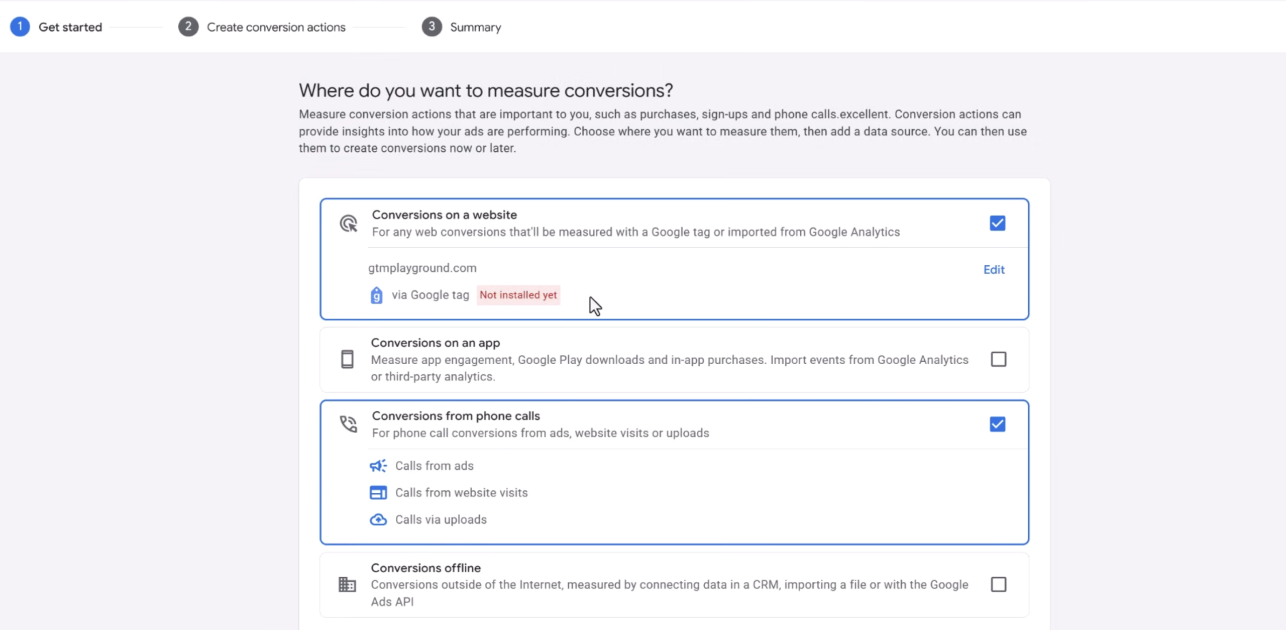 Giao diện Google Ads lựa chọn các hành động chuyển đổi trên website, ứng dụng, cuộc gọi và chuyển đổi ngoại tuyến.