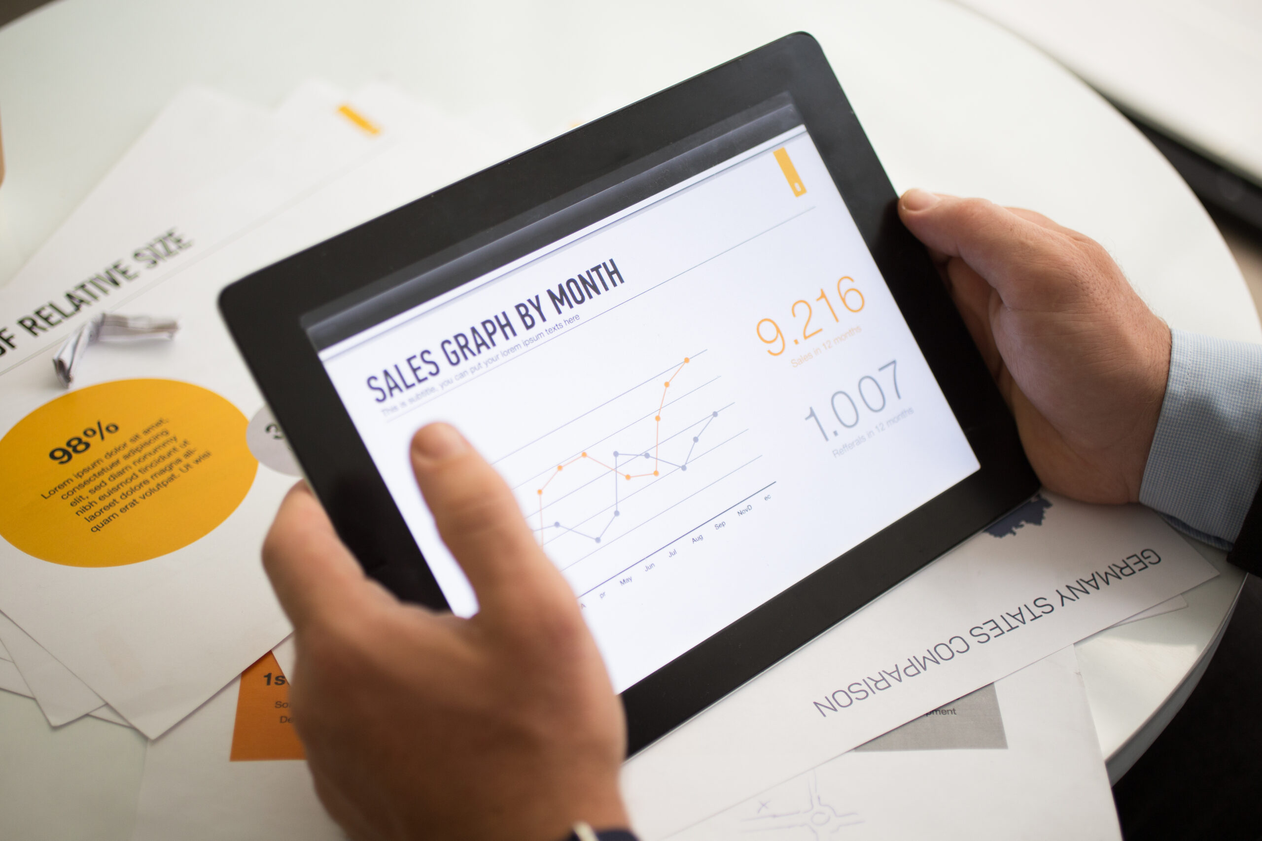 Doanh nghiệp theo dõi biểu đồ doanh số trên máy tính bảng để đánh giá hiệu quả quảng cáo Google Ads.