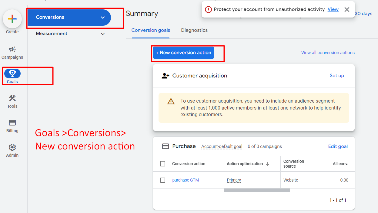 Giao diện Google Ads hiển thị Conversion Goals và Conversion Action để kiểm tra mục tiêu chuyển đổi cần tối ưu.