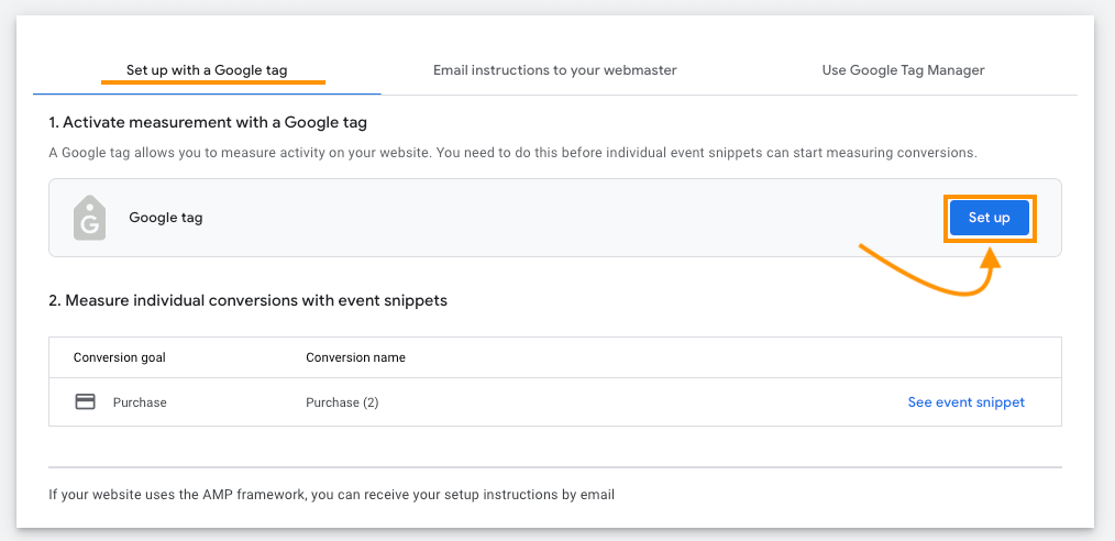 Giao diện Google Ads thiết lập Google tag và event snippet để theo dõi chuyển đổi trên website.
