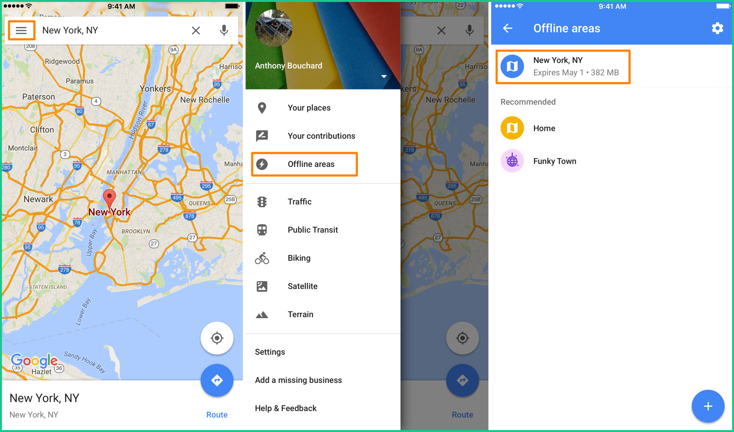 Giao diện Google Maps hiển thị mục Offline areas, minh họa thao tác tải bản đồ ngoại tuyến trước khi di chuyển.