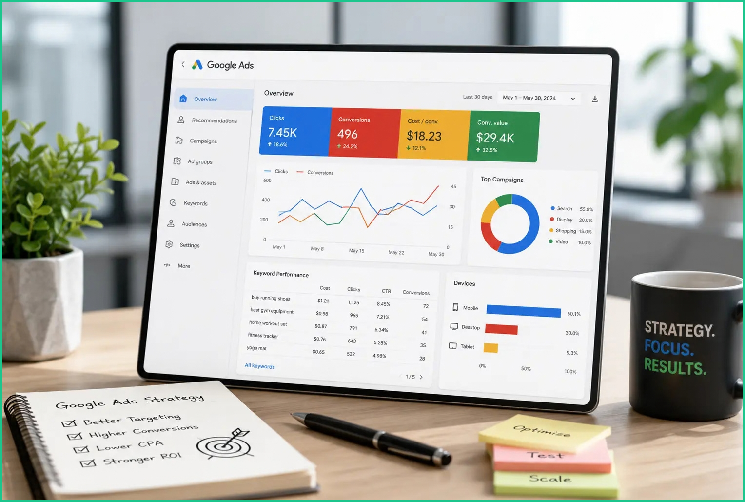 Giao diện Google Ads hiển thị dữ liệu chuyển đổi, chi ph&iacute; v&agrave; hiệu suất chiến dịch được AI hỗ trợ tối ưu gi&aacute; thầu.
