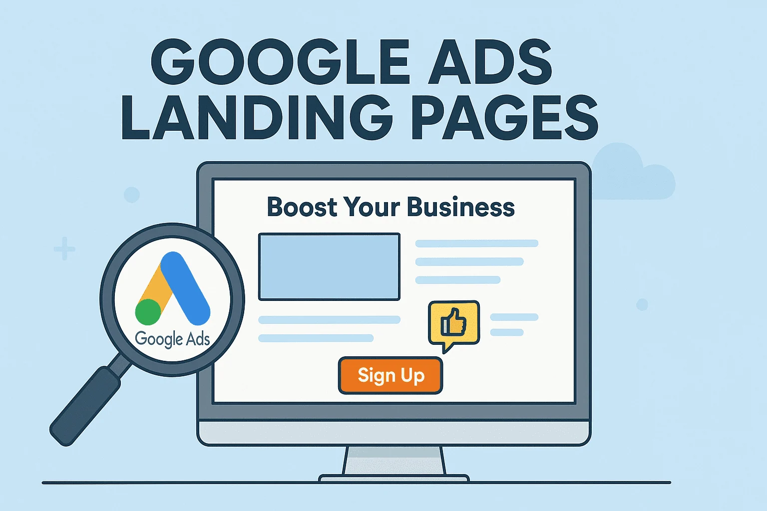 Minh họa Google Ads Landing Page với nội dung giới thiệu, n&uacute;t đăng k&yacute; v&agrave; biểu tượng Google Ads, thể hiện vai tr&ograve; của trang đ&iacute;ch trong việc tăng tỷ lệ chuyển đổi.