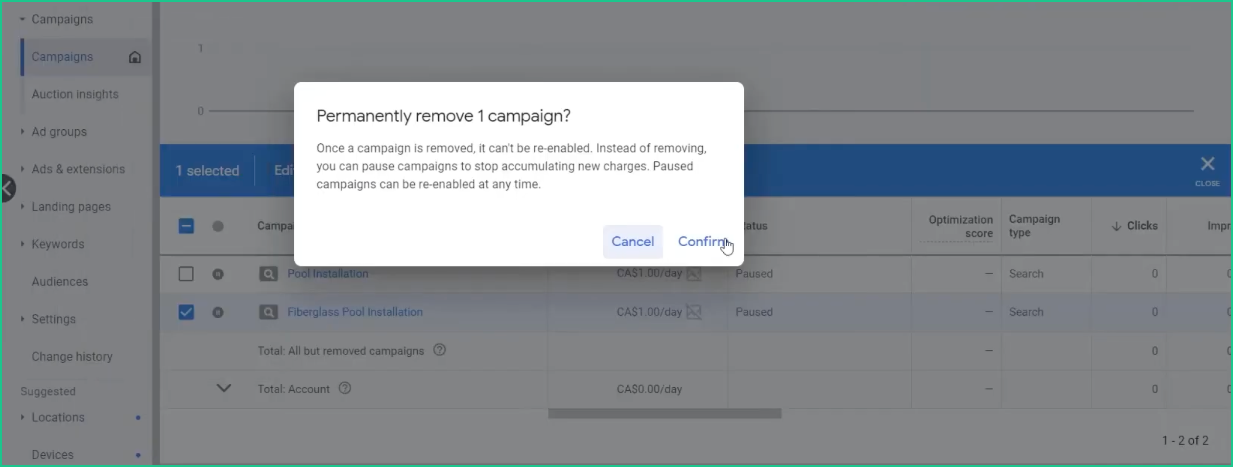 Giao diện Google Ads hiển thị hộp thoại xác nhận xóa vĩnh viễn một chiến dịch, minh họa thao tác Remove campaign.