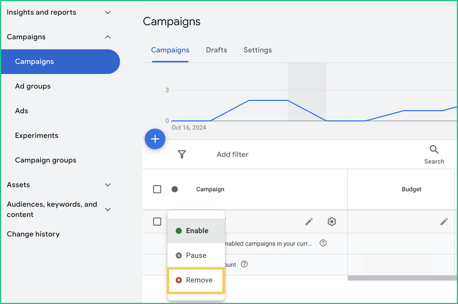 Giao diện Google Ads hiển thị menu trạng thái chiến dịch với các tùy chọn Enable, Pause và Remove để xóa chiến dịch.