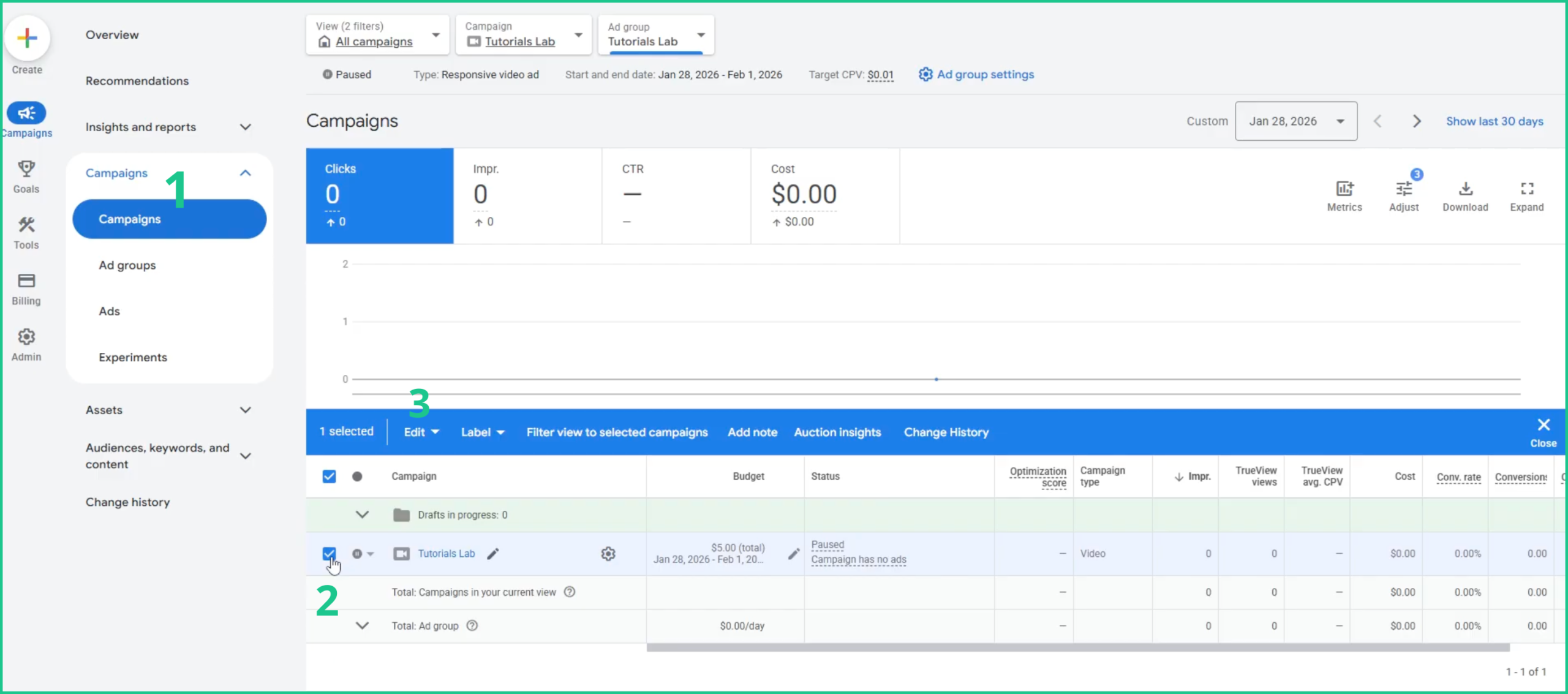 Giao diện Google Ads hiển thị nhiều chiến dịch được chọn cùng lúc, minh họa thao tác chỉnh sửa và xóa chiến dịch hàng loạt.