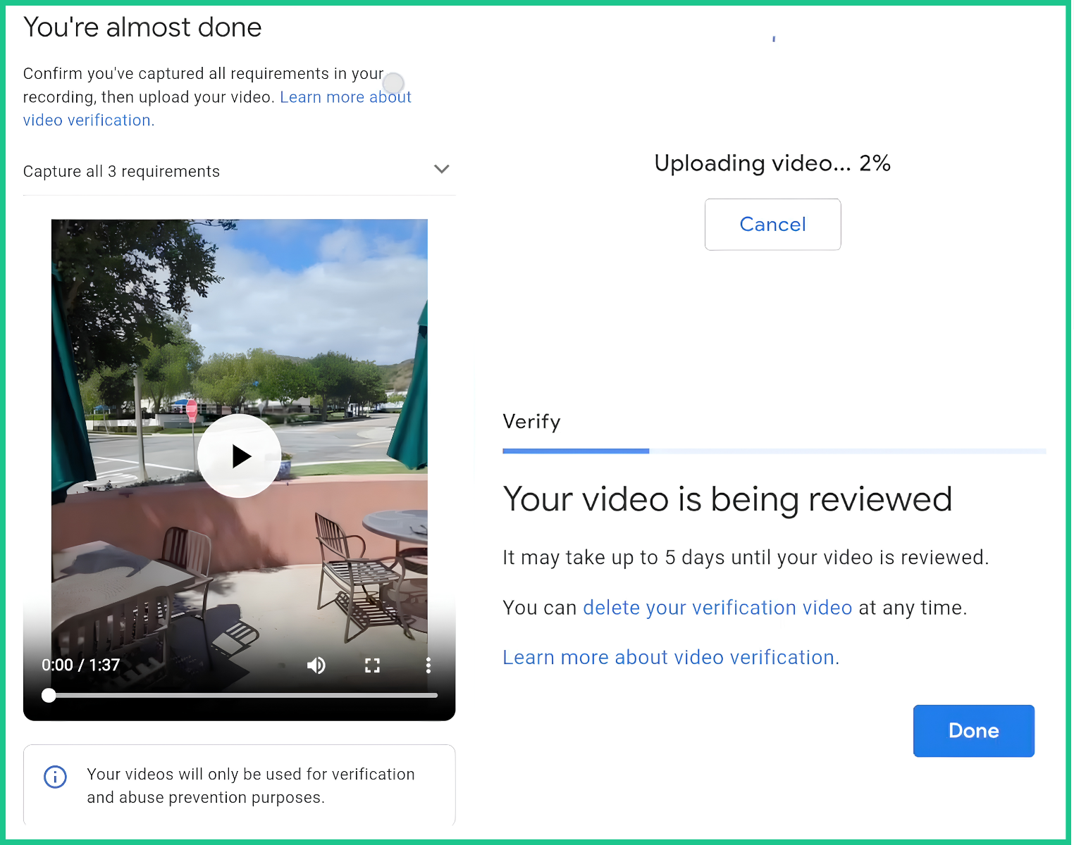 Video xác minh doanh nghiệp được tải lên Google và chuyển sang trạng thái chờ xét duyệt