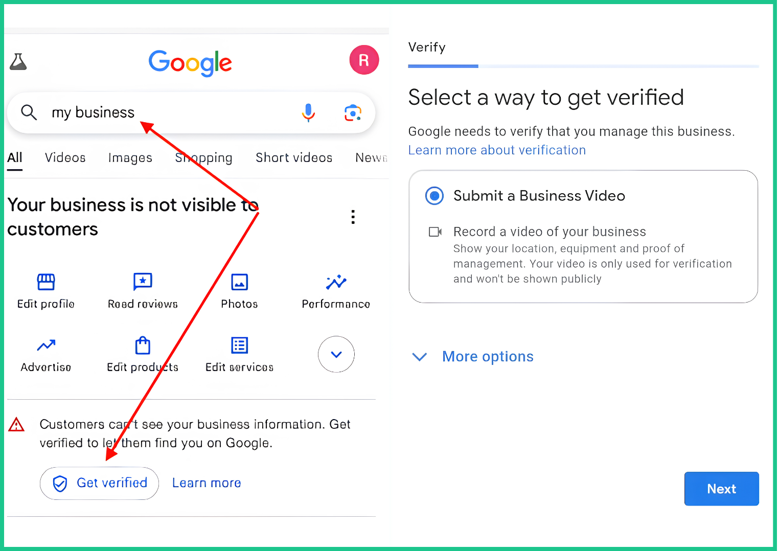 Google Business Profile hiển thị tùy chọn xác minh doanh nghiệp bằng video tải lên