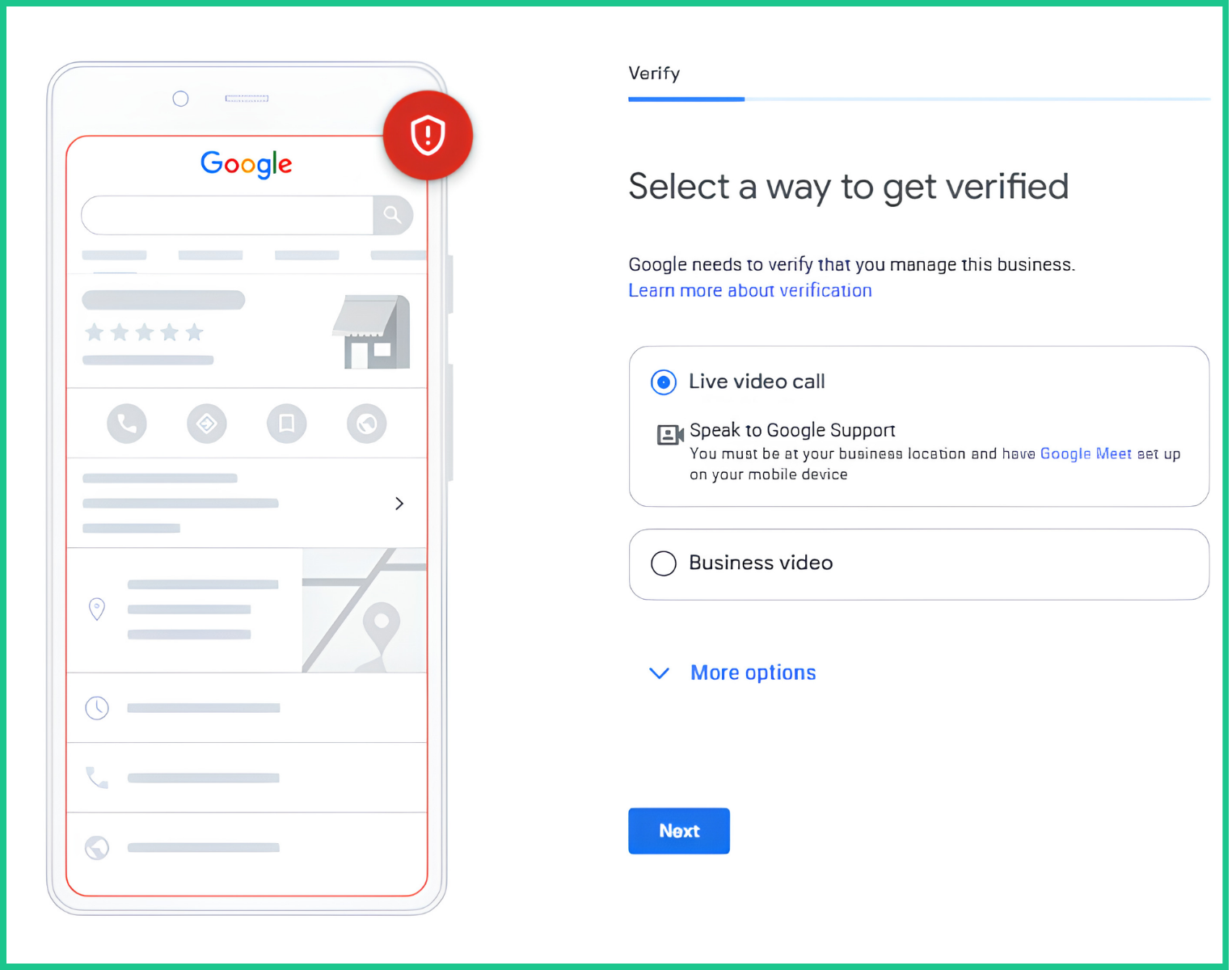 Google cung cấp các phương thức xác minh gồm gọi video trực tiếp và quay video doanh nghiệp