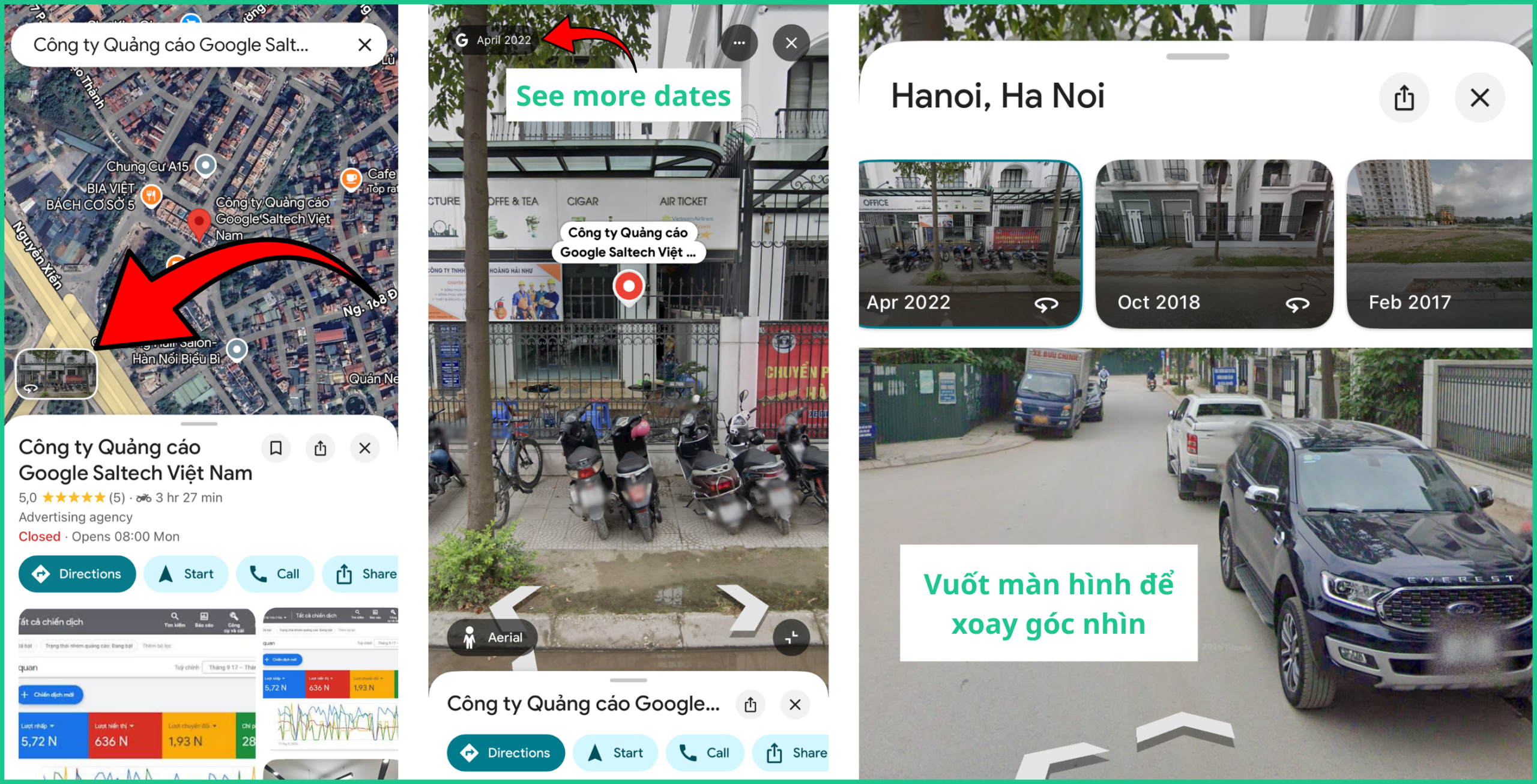 Google Street View cho phép xem mặt tiền địa điểm và chuyển đổi giữa các mốc ảnh trong quá khứ