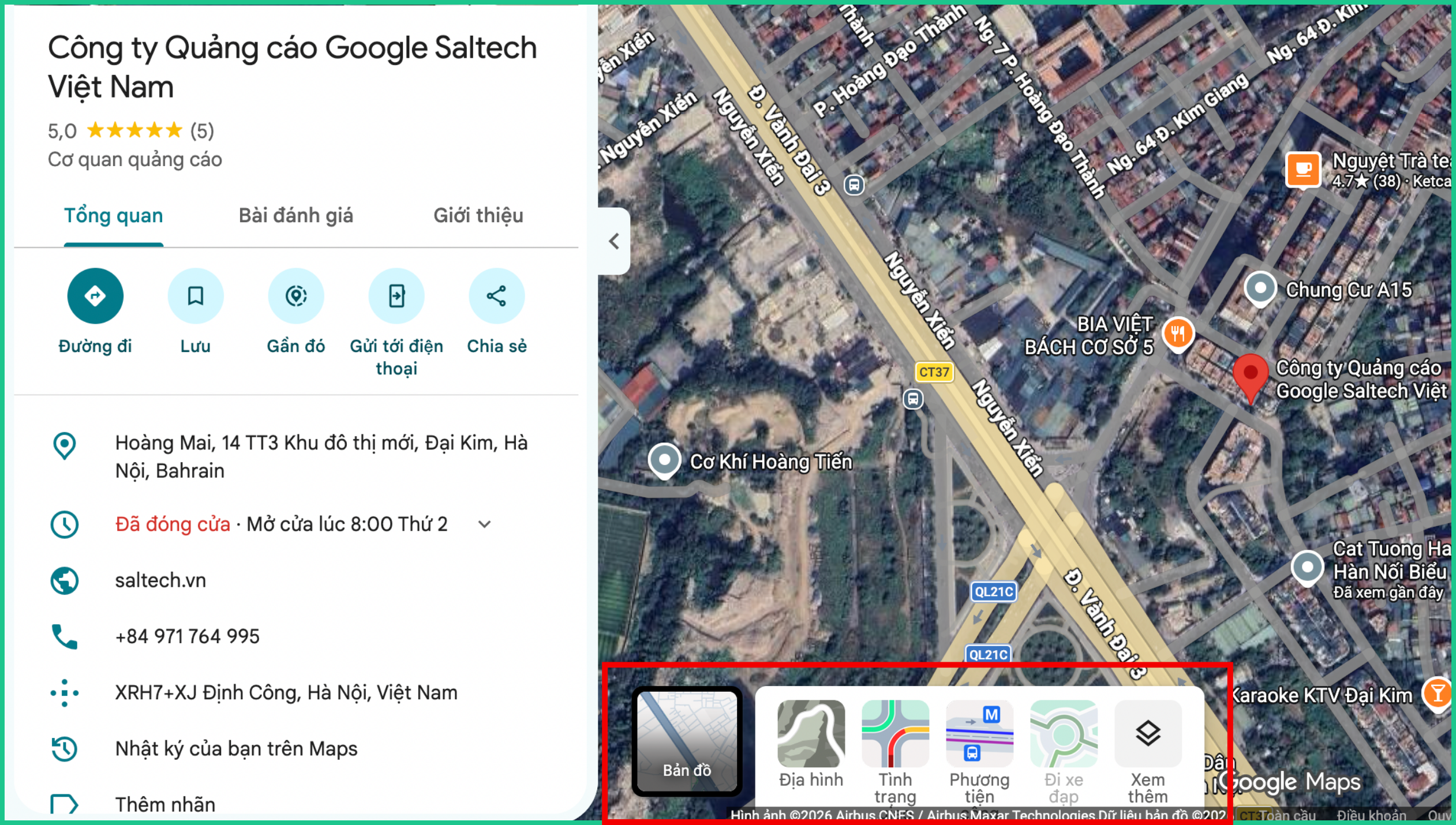 Google Maps hiển thị vị trí doanh nghiệp trên bản đồ vệ tinh với các tùy chọn lớp bản đồ