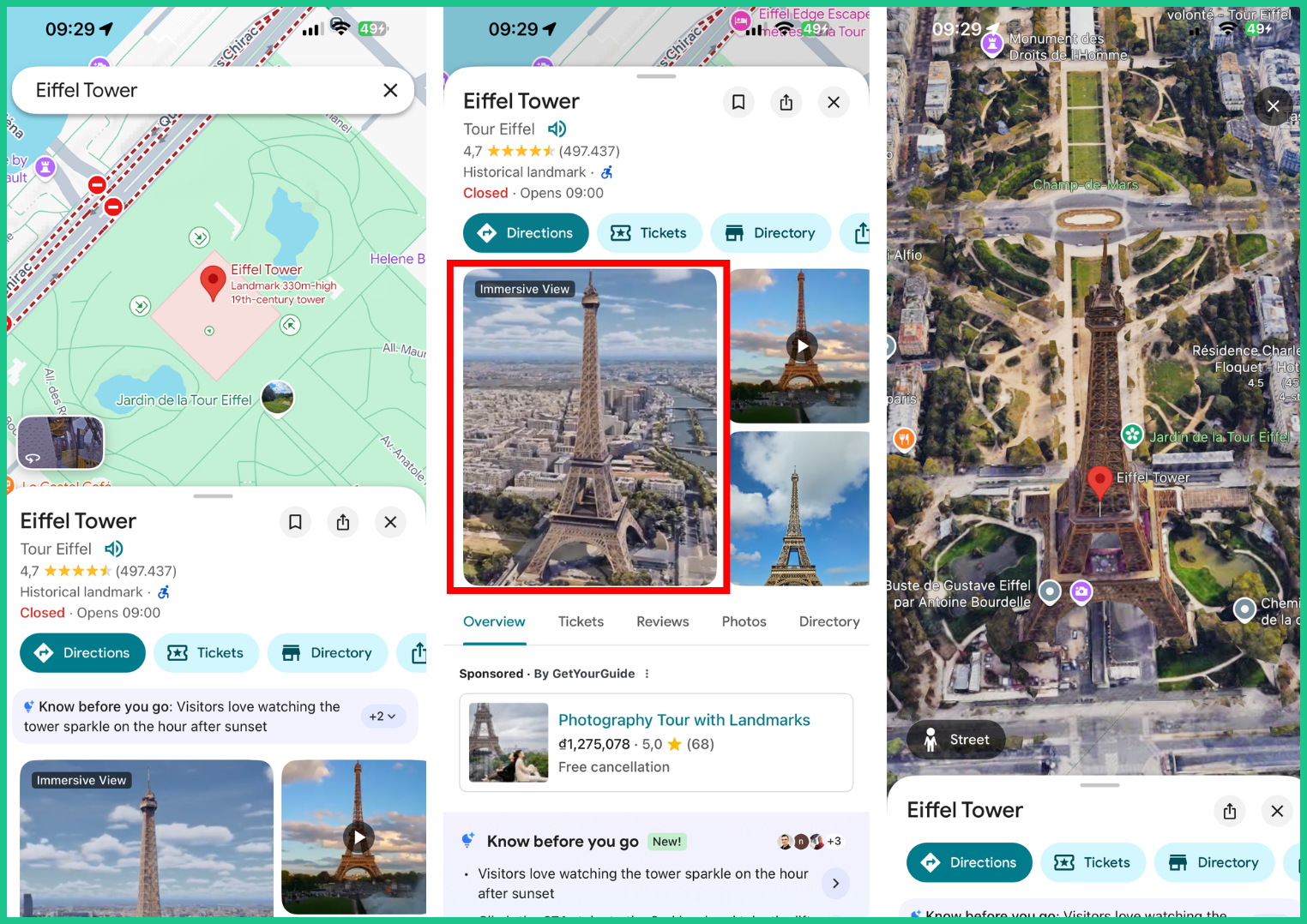 Google Maps Immersive View hiển thị mô hình 3D của tháp Eiffel và khu vực xung quanh