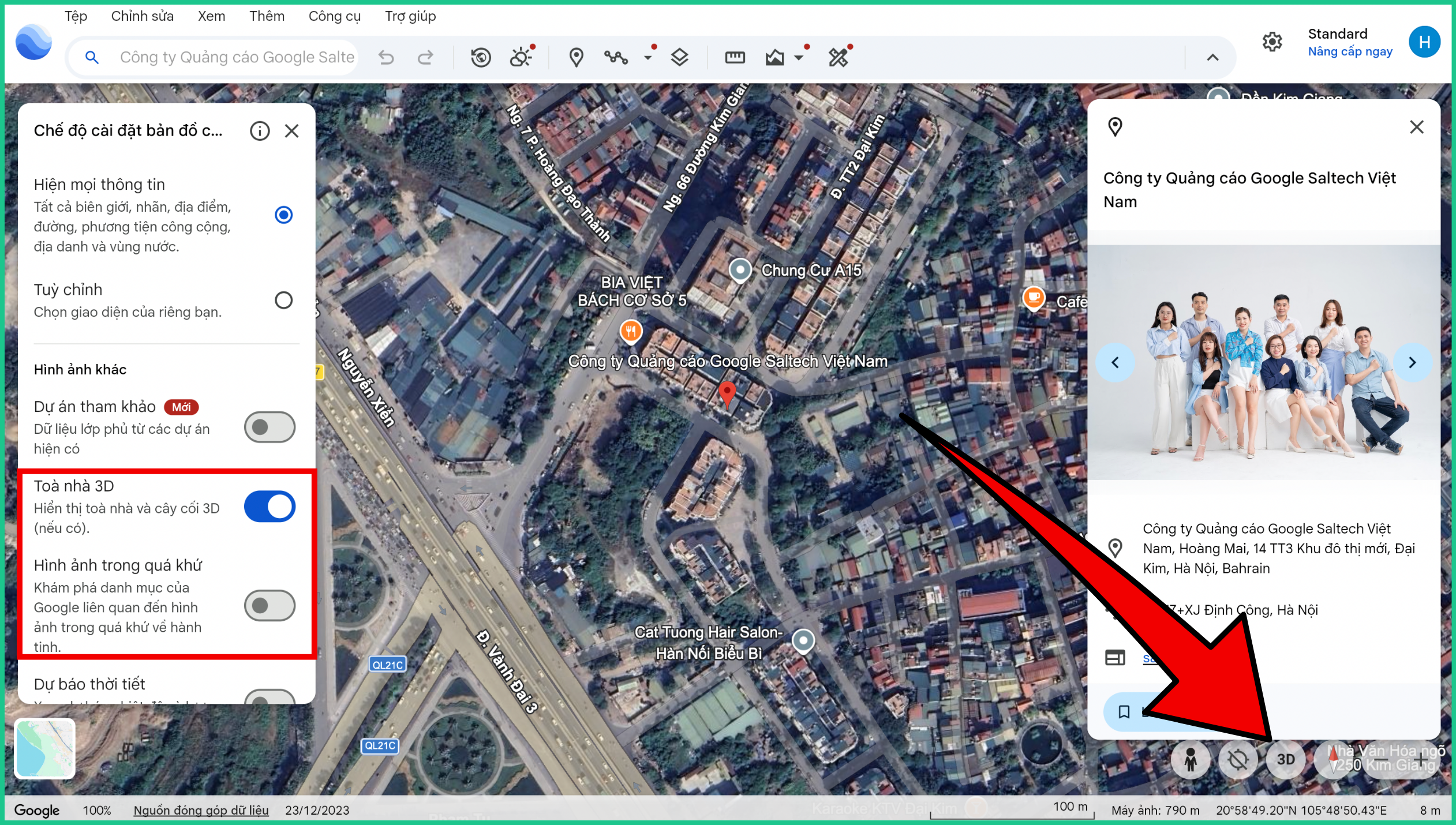 1. Google Earth hiển thị vị trí công trình trên ảnh vệ tinh khi bật chế độ tòa nhà 3D