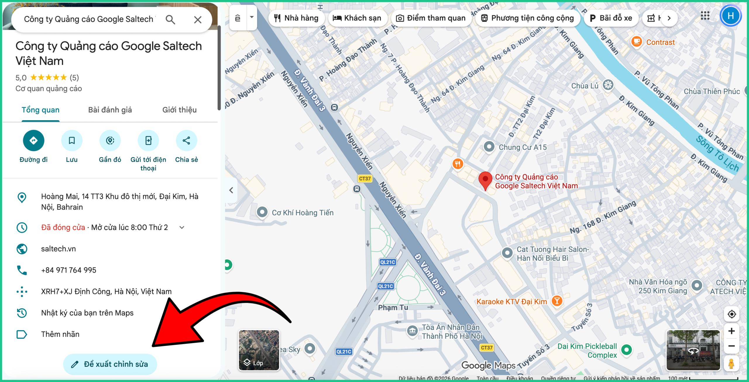 Google Maps cho phép người dùng chọn Đề xuất chỉnh sửa để báo cáo thông tin doanh nghiệp không chính xác