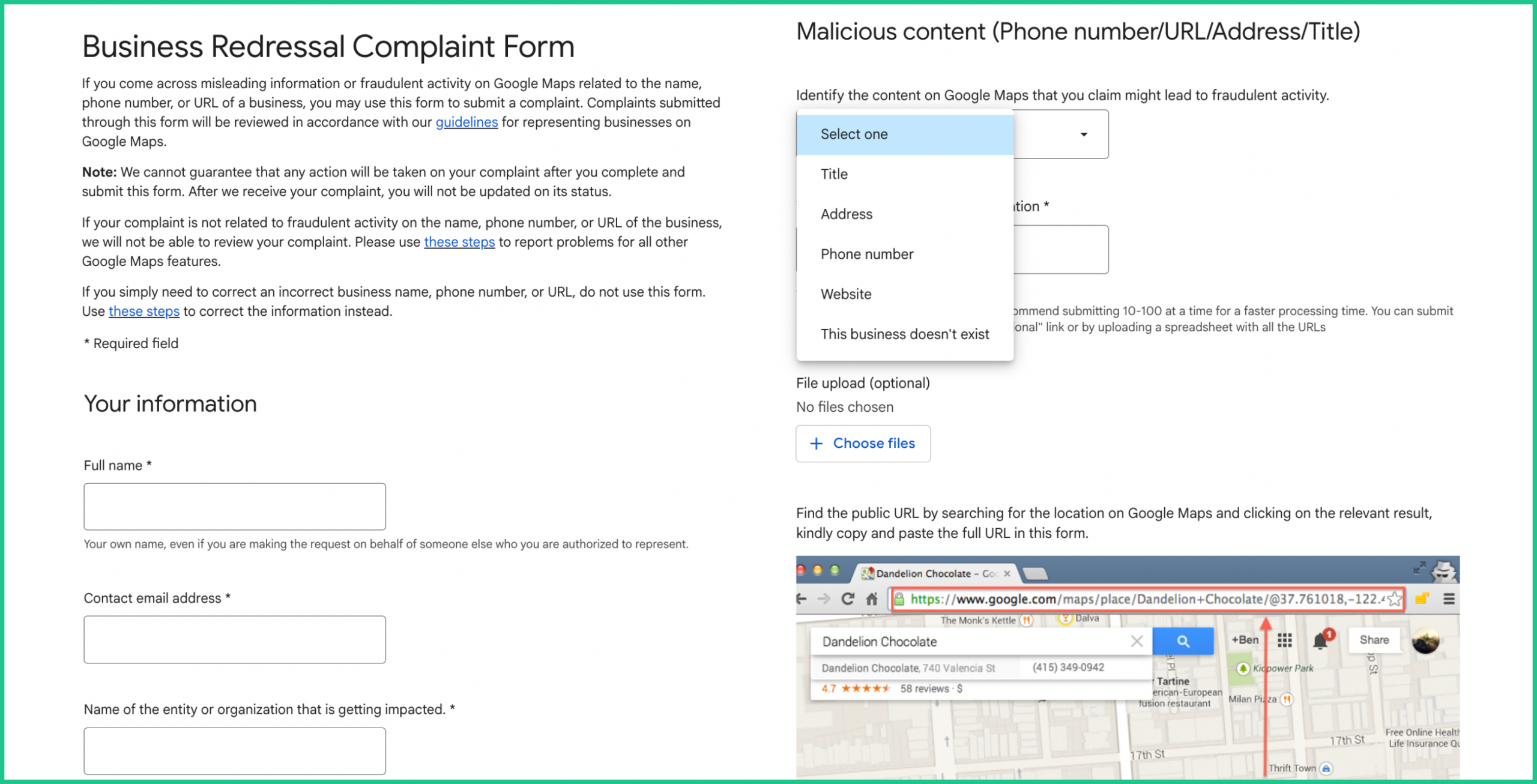 Biểu mẫu Business Redressal Complaint Form dùng để báo cáo địa điểm giả mạo hoặc thông tin doanh nghiệp vi phạm