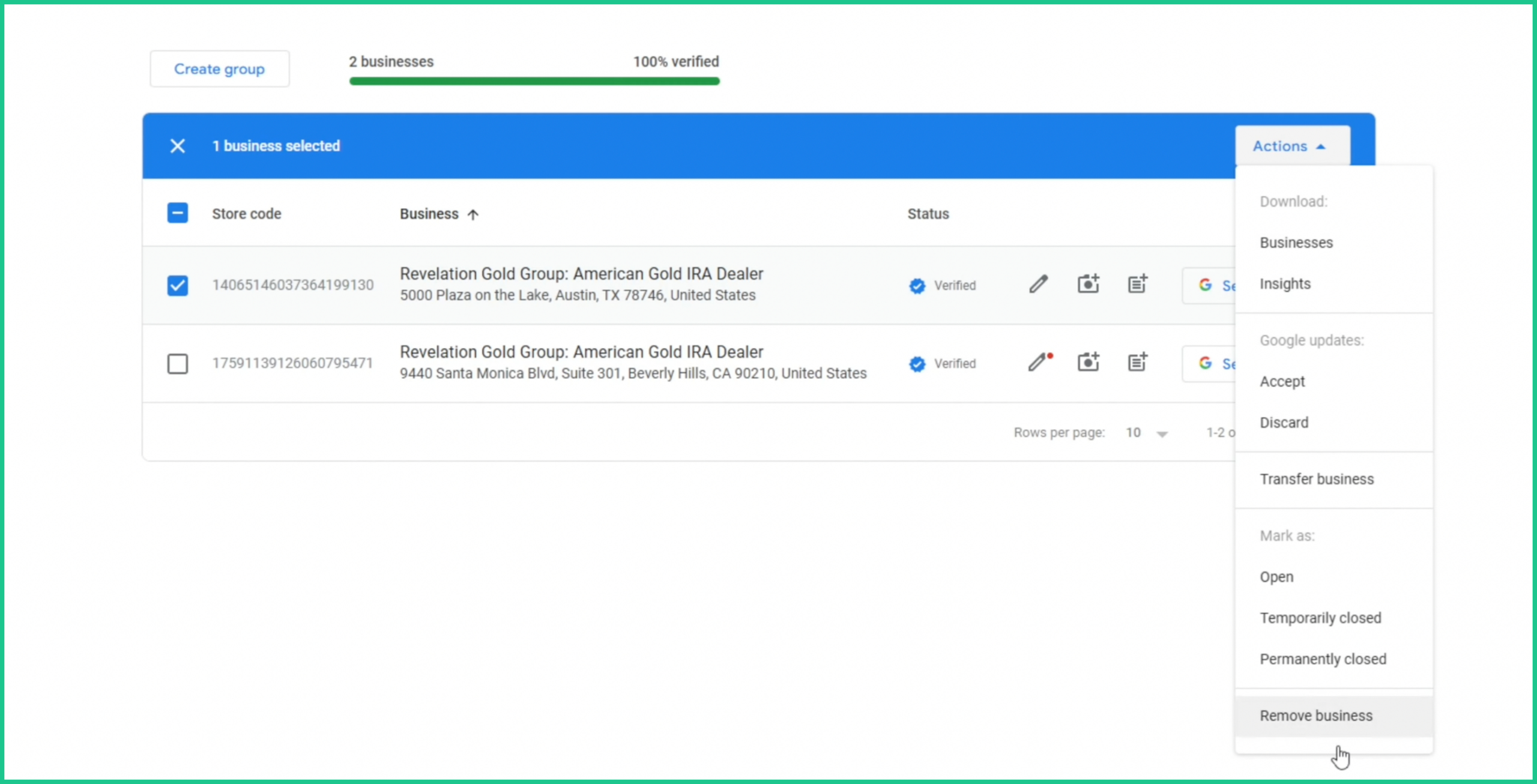 Business Profile Manager cho phép quản lý và gỡ doanh nghiệp khỏi tài khoản quản trị